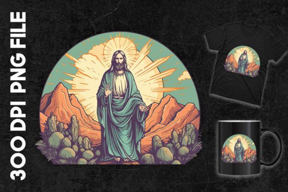 Jesus Clipart with Mountain Background for T-Shirt Designs